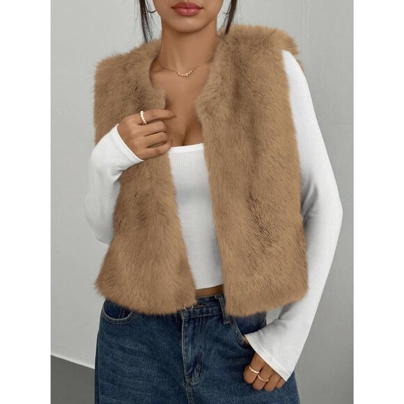 Women's Tan Faux Fur Vest Fall Fashion Sleeveless Fuzzy Jacket Fluffy Coats - Picture 5 of 5